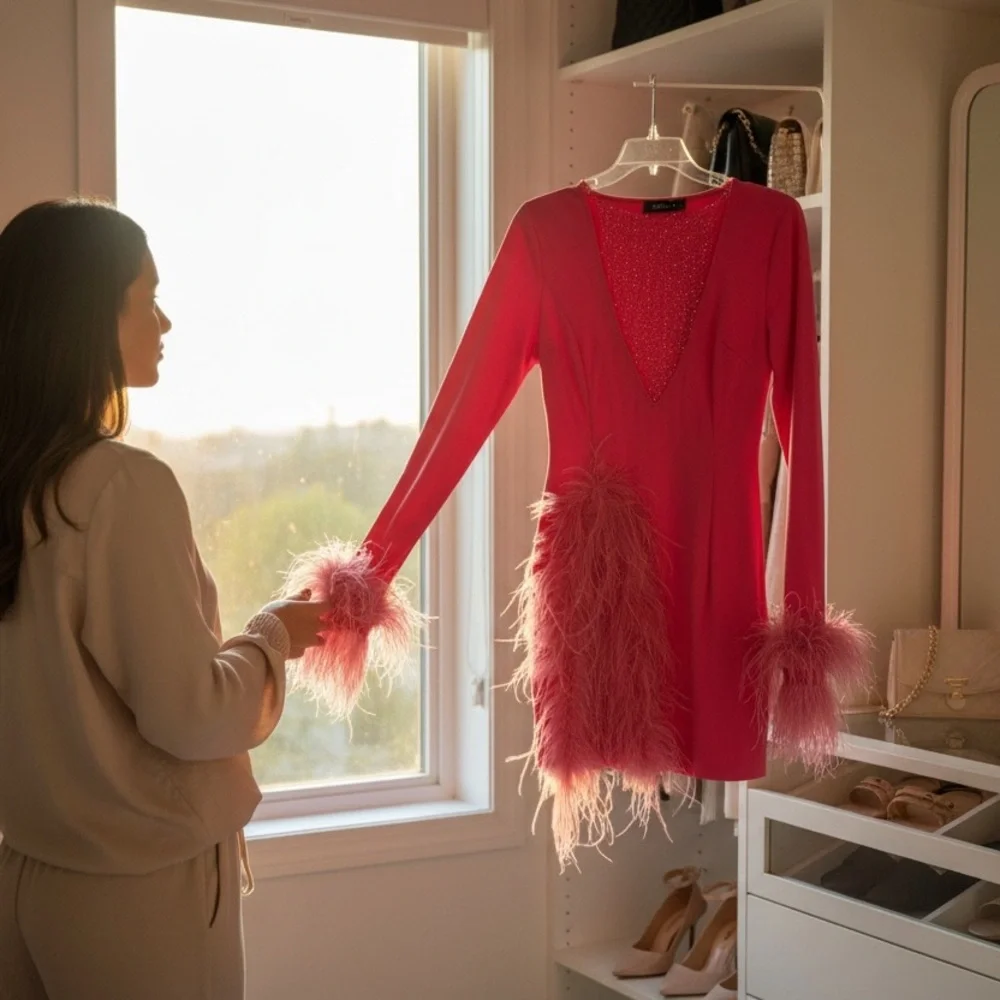 AKIRA Hot Pink Feather Rhinestone Mini Dress S Slit Party Cocktail - Picture 10 of 13